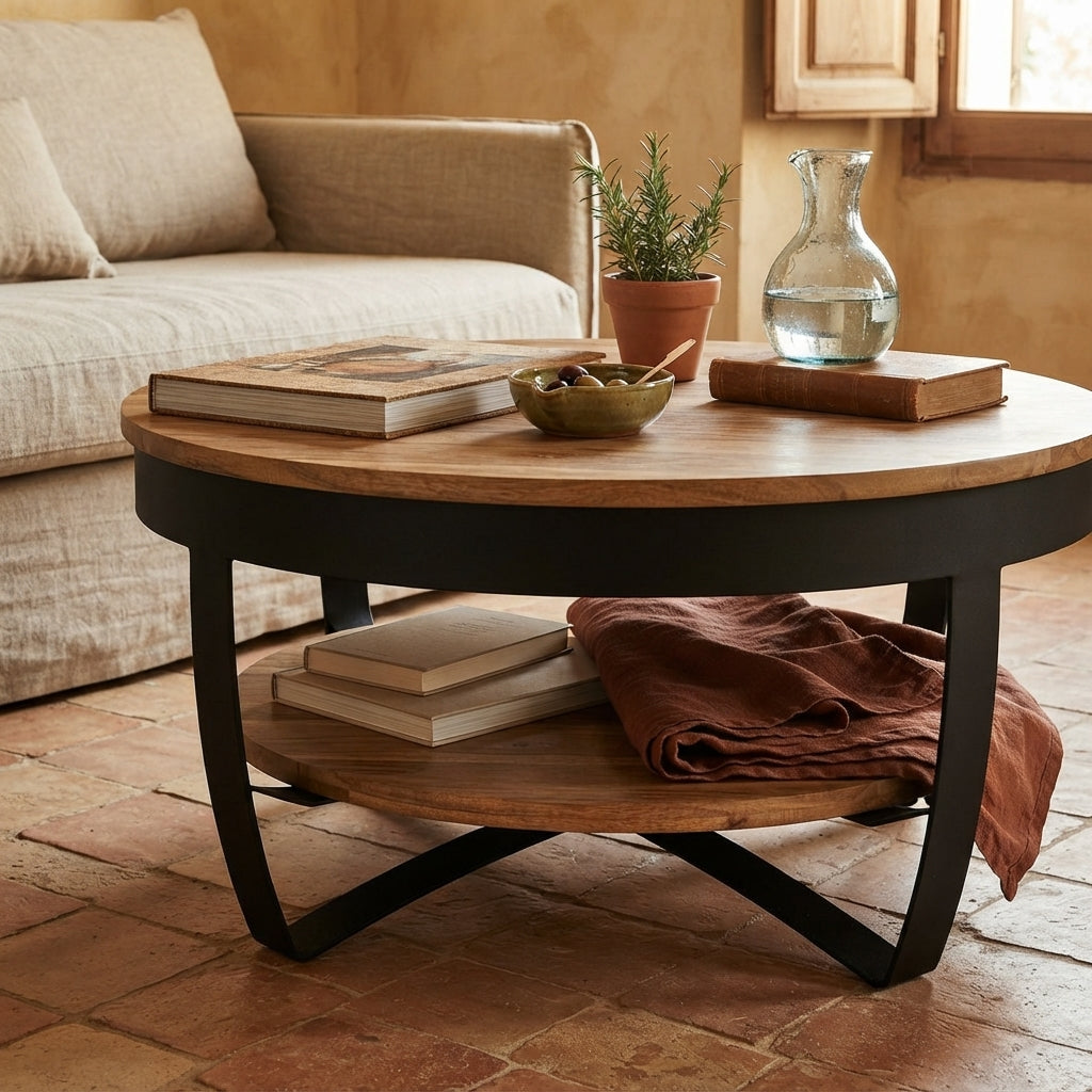 Table basse ronde Torven en acacia massif dans un salon du sud