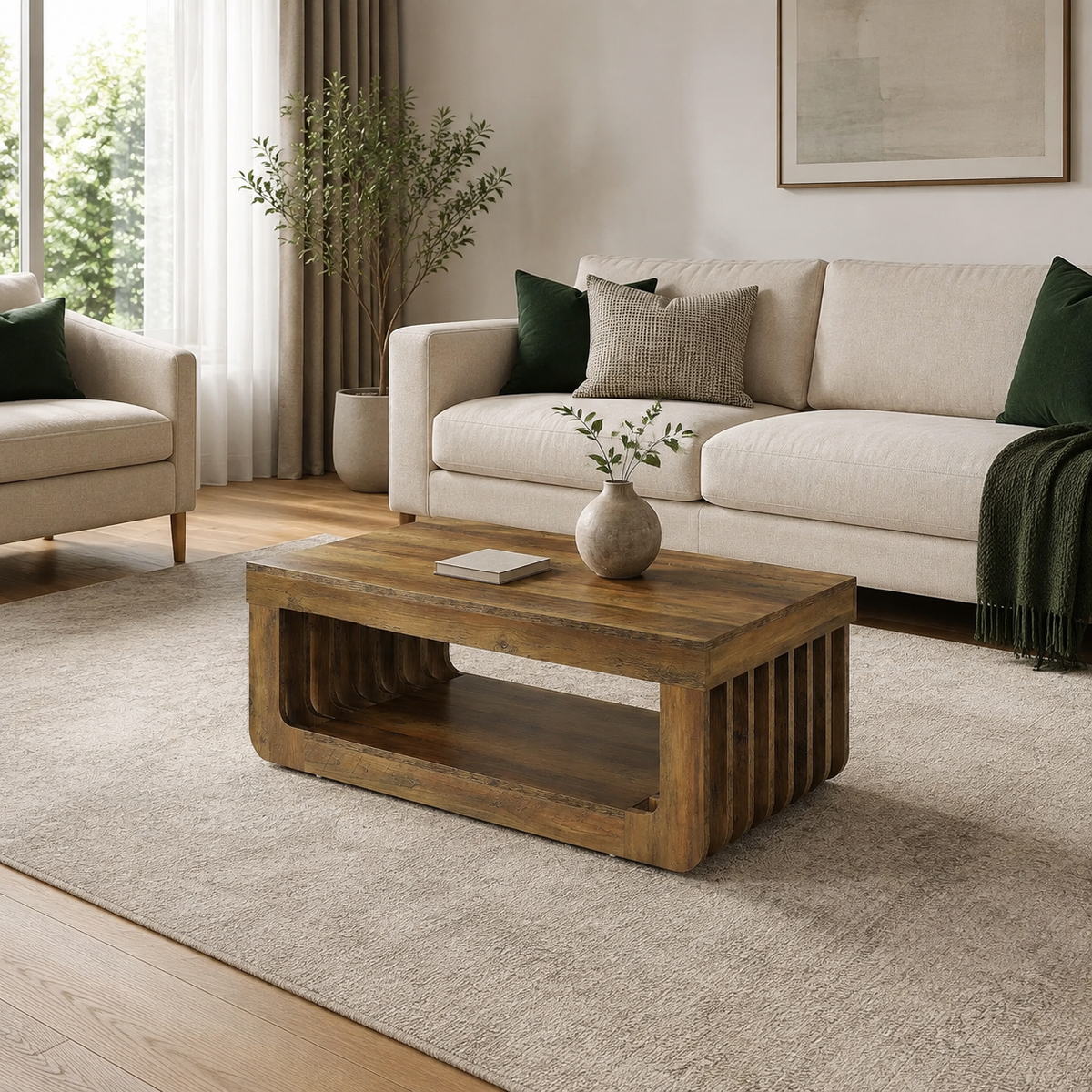 Table basse Varden 120 cm intégrée dans un salon avec espace de circulation