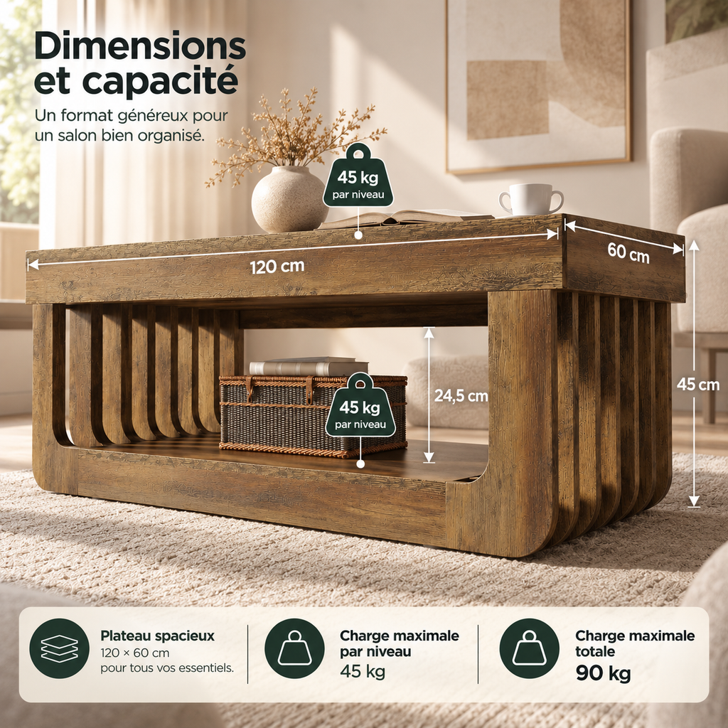 Table basse Varden 120 cm avec rangement 2 niveaux vu bas de table