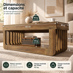 Table basse Varden 120 cm avec rangement 2 niveaux vu bas de table