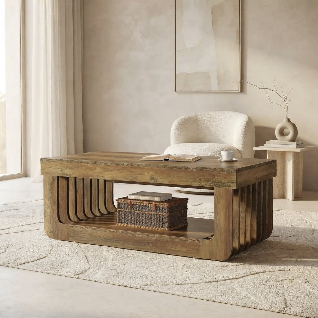 Table basse Varden 120 cm avec rangement 2 niveaux vu bas de face