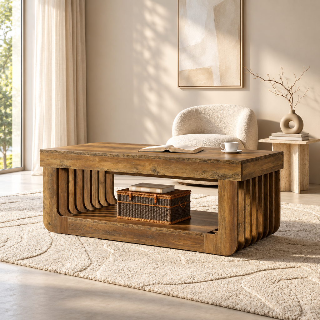 Table basse Varden 120 cm avec rangement 2 niveaux vu bas de face