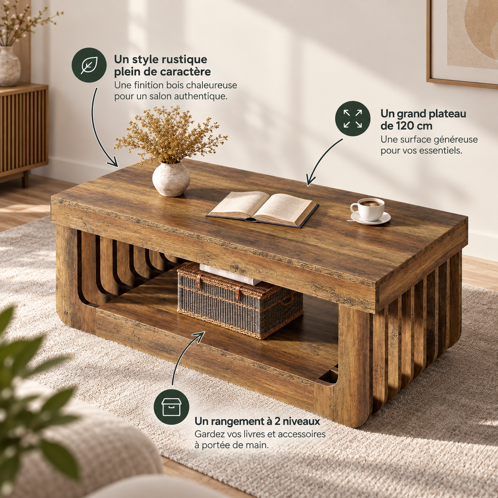 Table basse rustique Varden vue de face DROITE