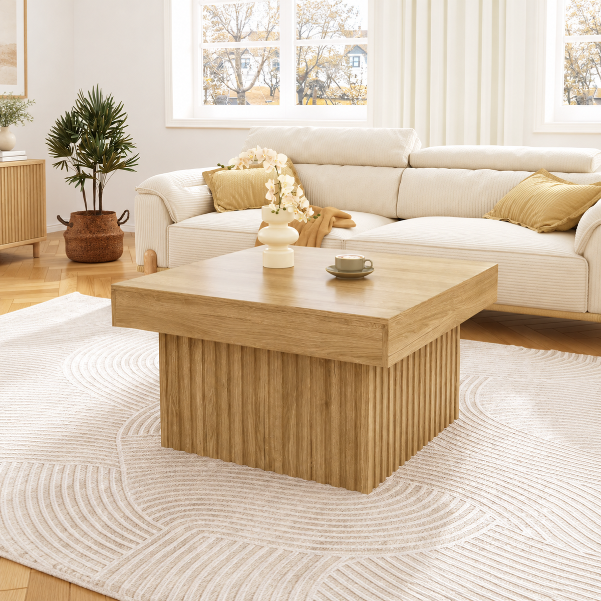Table basse Viken 79 cm effet bois dans un salon lumineux