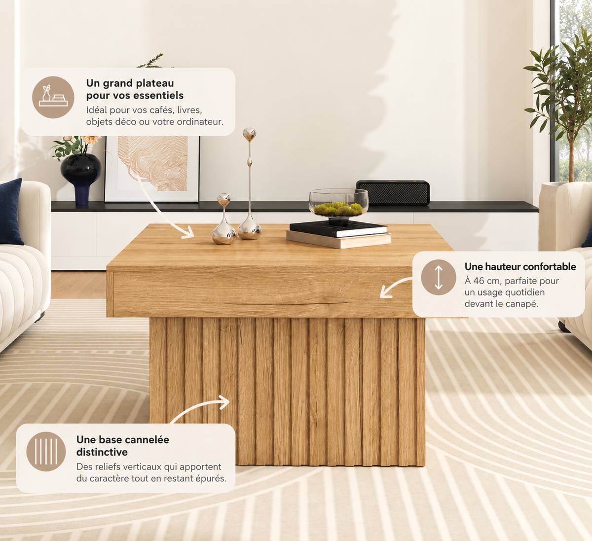 Détail de la base cannelée en finition bois naturel de la table basse Viken