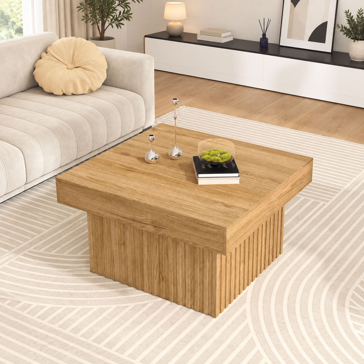 Détail du plateau effet bois naturel de la table basse Viken
