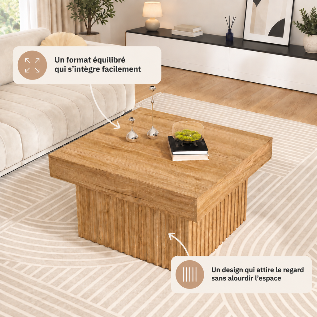 Détail du plateau effet bois naturel de la table basse Viken