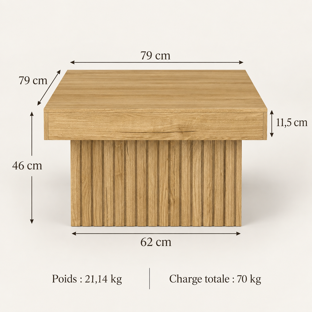 Infographie des dimensions et de la charge maximale de la table basse Viken