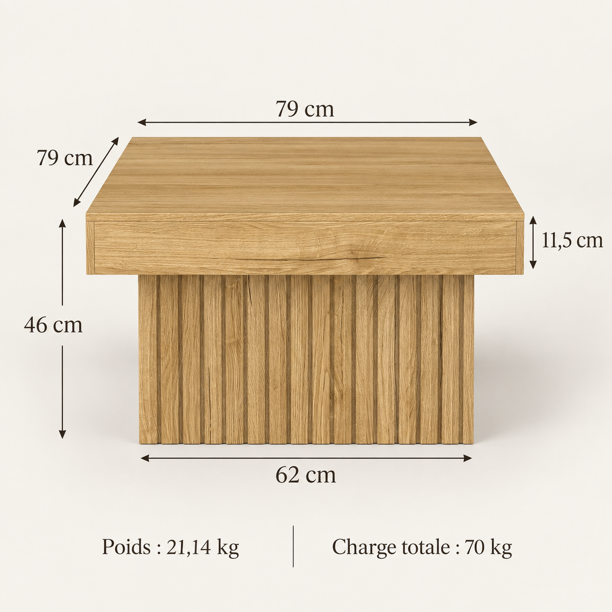 Infographie des dimensions et de la charge maximale de la table basse Viken