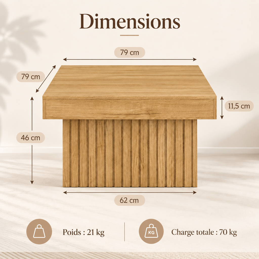 Infographie des dimensions et de la charge maximale de la table basse Viken