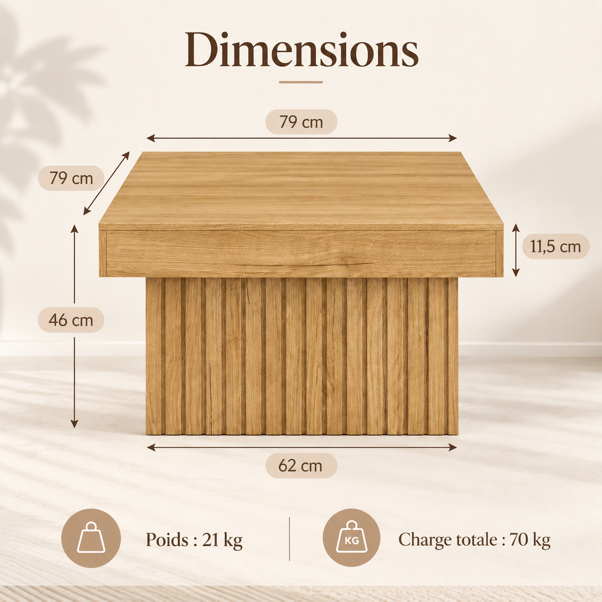 Infographie des dimensions et de la charge maximale de la table basse Viken