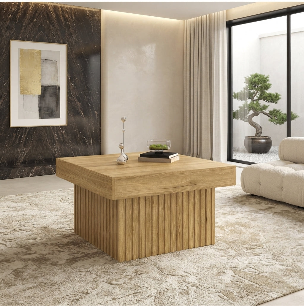 Table basse carrée Viken dans un salon contemporain calme et harmonieux