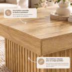 Table basse Viken dans un salon chaleureux mettant en valeur sa finition bois naturel