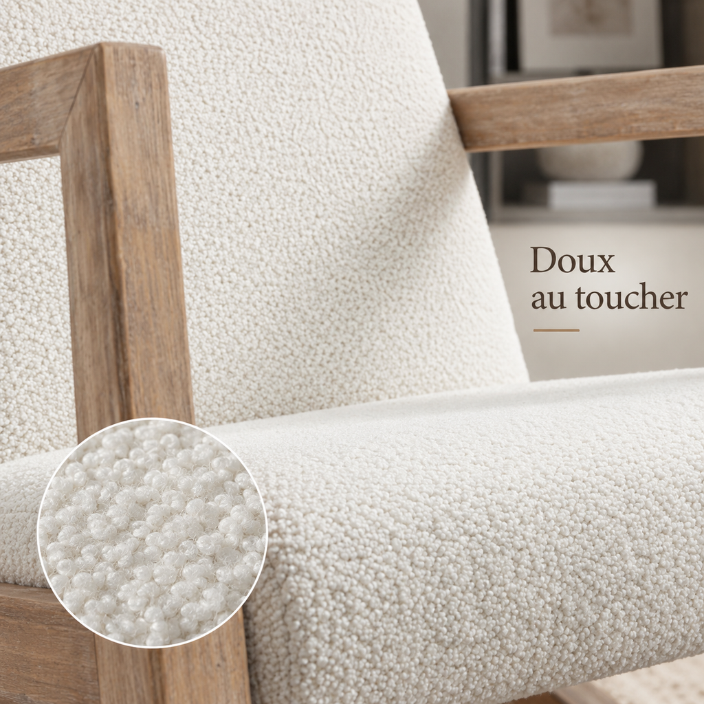Détail du tissu effet laine bouclée blanc crème du fauteuil Svelin