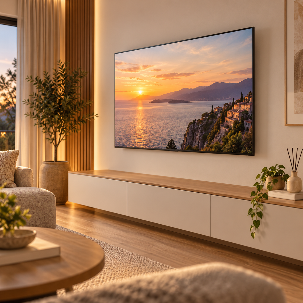 Salon avec téléviseur fixé au mur grâce au support TV Keldor 