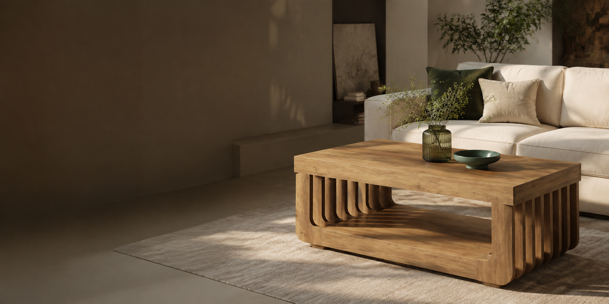 Table basse en bois dans un salon moderne et chaleureux