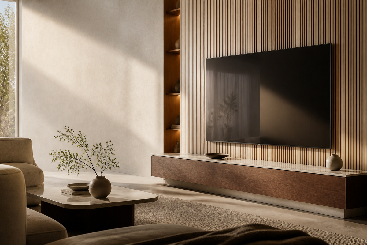 Salon contemporain avec télévision intégrée et meuble TV en bois
