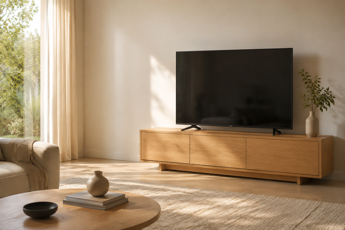Meuble TV en bois dans un salon moderne et lumineux